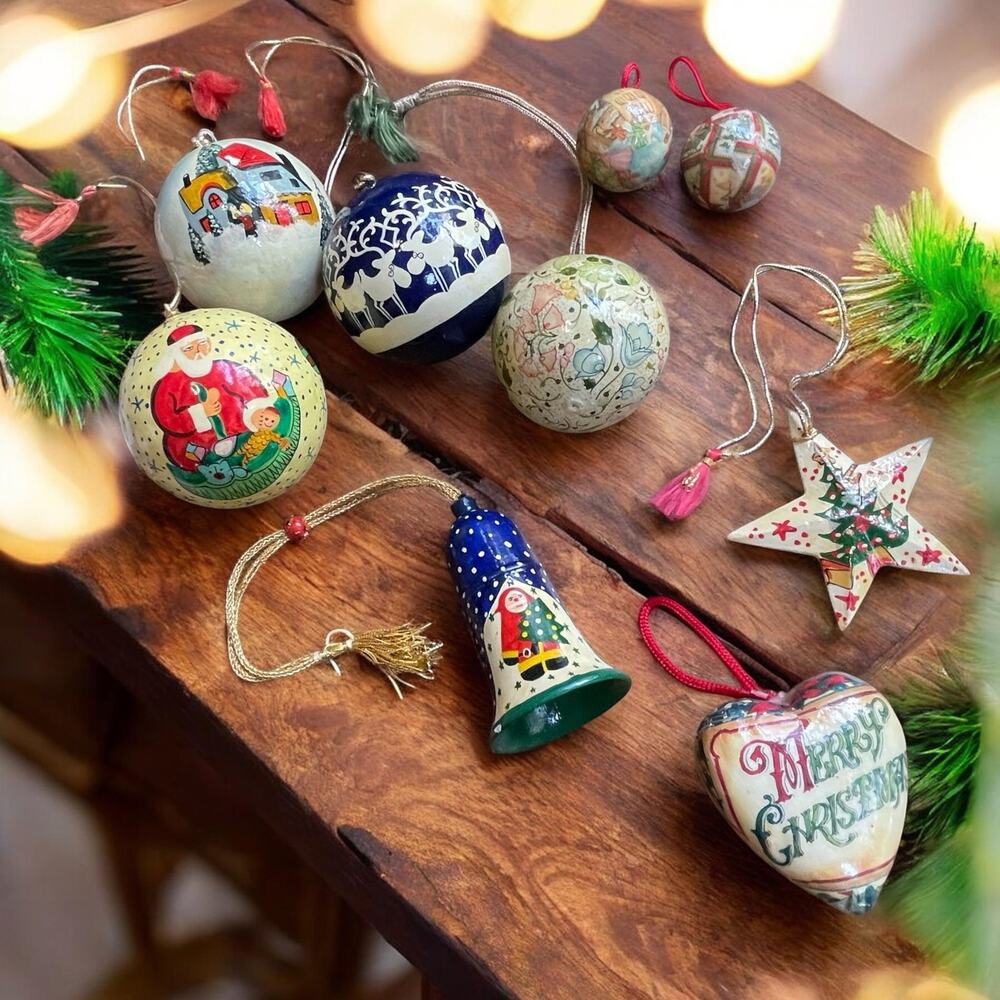 Vintage Christmas Ornament Lot Paper Mache Folk Art Decoupage Kashmiri Star Bell